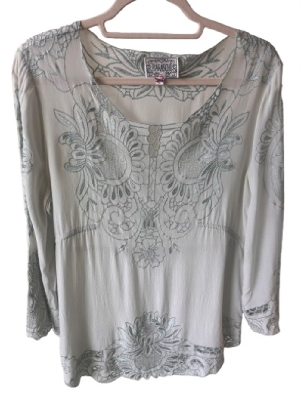 Anthropologie Yoana Baraschi Embroidered Scoop Neck Green Silk Blouse Size 8